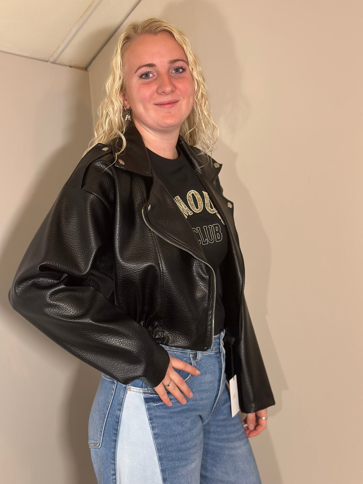 Zwarte leatherlook bikerjas