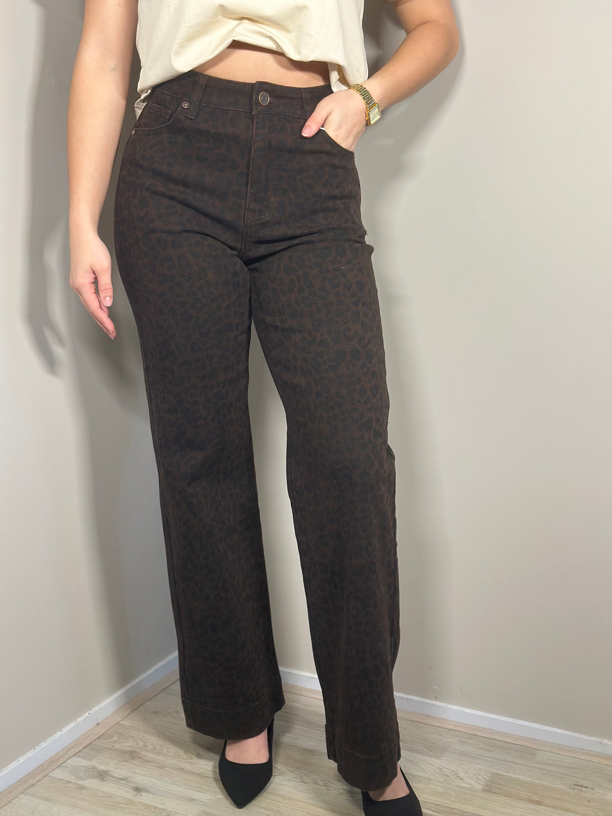 Bruine wide leg broek met panterprint