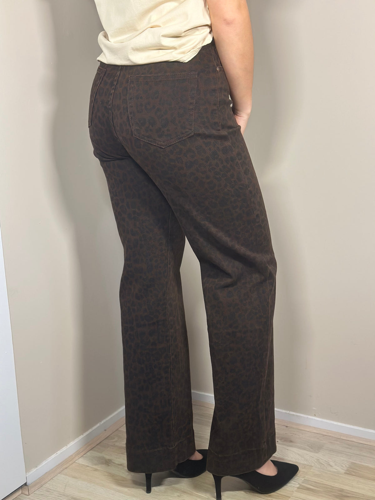 Bruine wide leg broek met panterprint