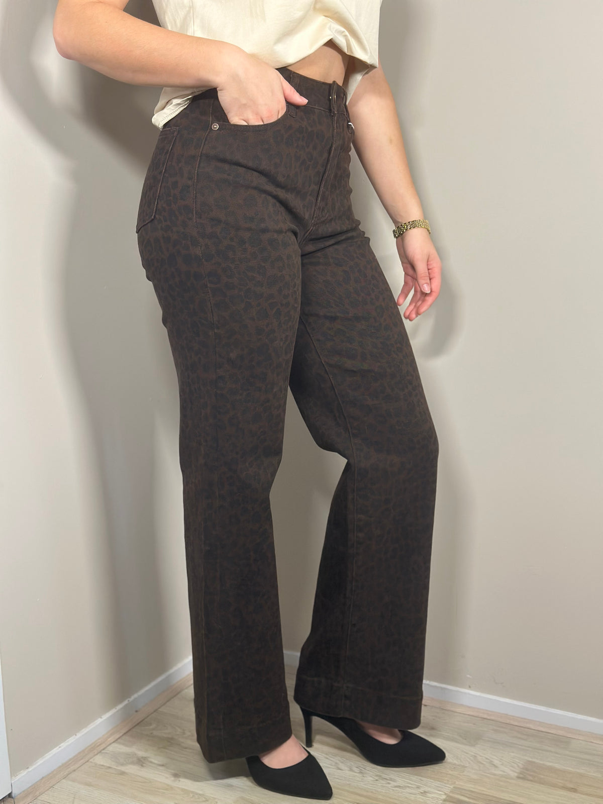 Bruine wide leg broek met panterprint